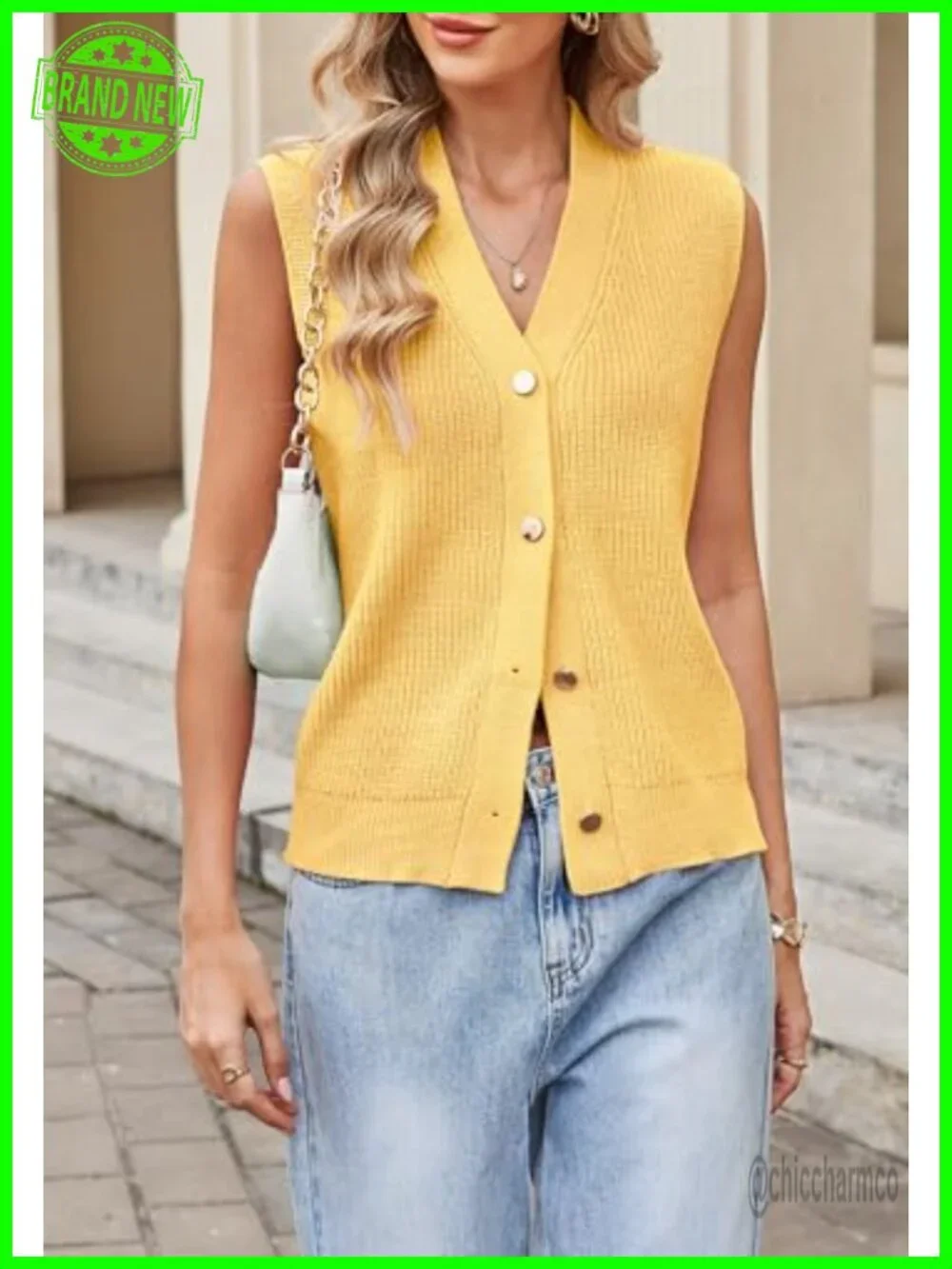 Gold Button V Neck Sleeveless Knit Cardigan Vest Sweater Women